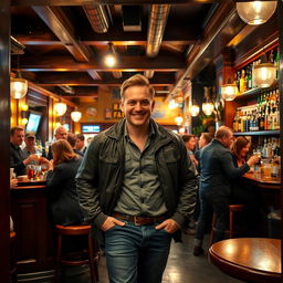 A lively pub scene featuring a man entering the establishment