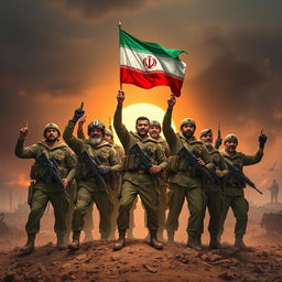 A dramatic scene depicting a group of powerful Iranian soldiers celebrating a significant victory in a large-scale war against their adversaries