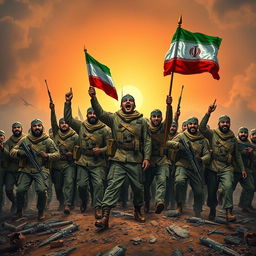 A dramatic scene depicting a group of powerful Iranian soldiers celebrating a significant victory in a large-scale war against their adversaries