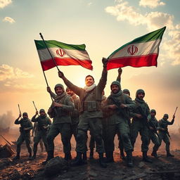 A dramatic scene depicting a group of powerful Iranian soldiers celebrating a significant victory in a large-scale war against their adversaries