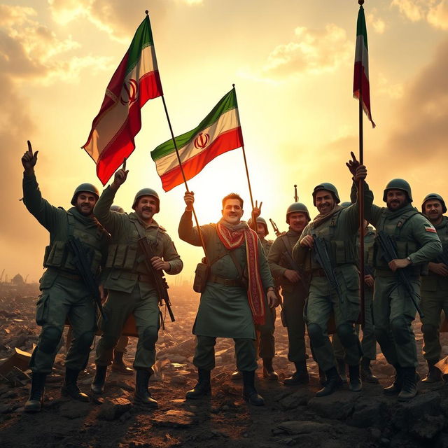 A dramatic scene depicting a group of powerful Iranian soldiers celebrating a significant victory in a large-scale war against their adversaries