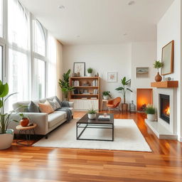 A cozy living room with a comfortable sofa, stylish coffee table, and a warm fireplace