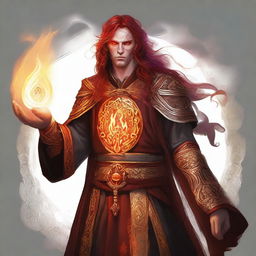 A digital art image depicting a fire genasi cleric