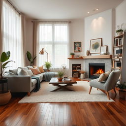 A cozy living room with a comfortable sofa, stylish coffee table, and a warm fireplace