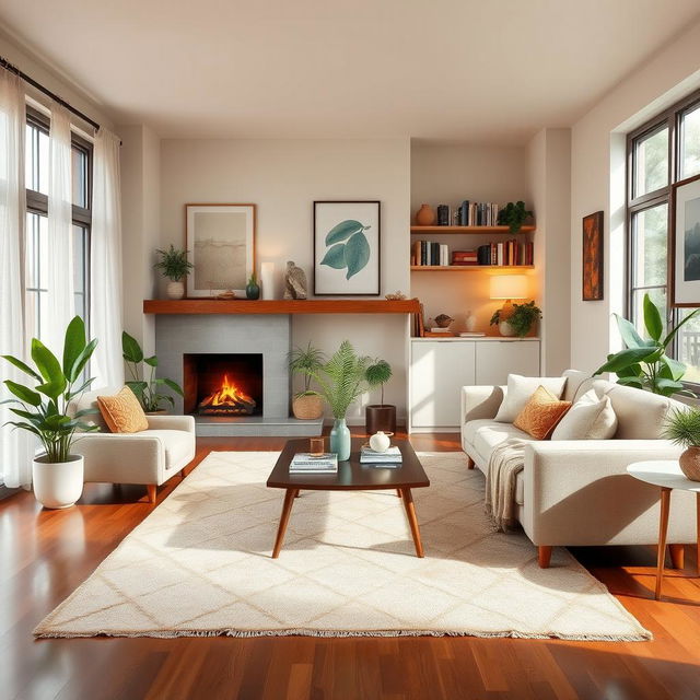 A cozy living room with a comfortable sofa, stylish coffee table, and a warm fireplace