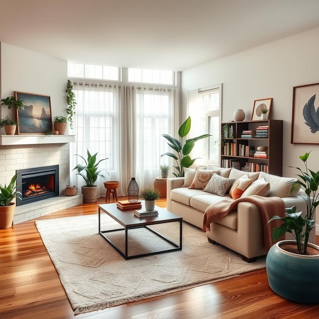 A cozy living room with a comfortable sofa, stylish coffee table, and a warm fireplace