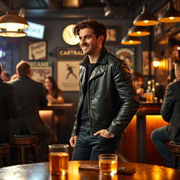 A man enters a bar with a confident stride, wearing a stylish leather jacket and dark jeans