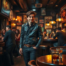 A man enters a bar with a confident stride, wearing a stylish leather jacket and dark jeans