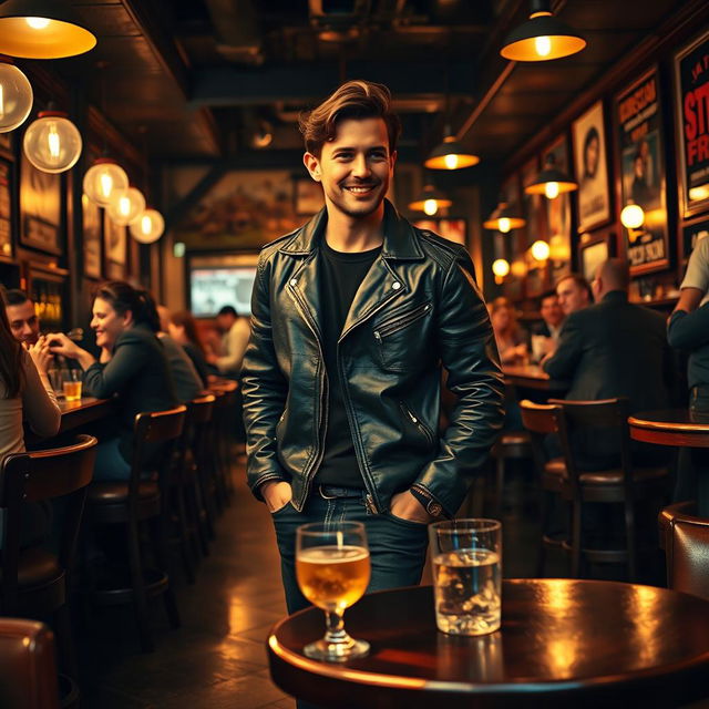 A man enters a bar with a confident stride, wearing a stylish leather jacket and dark jeans