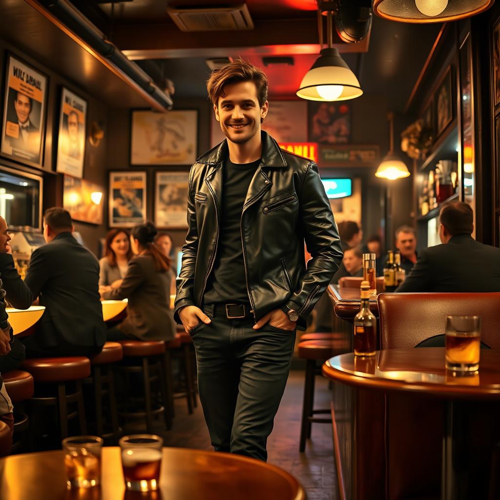 A man enters a bar with a confident stride, wearing a stylish leather jacket and dark jeans