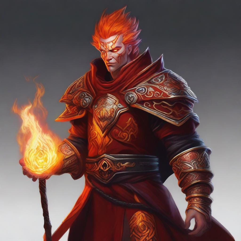 This is a high-quality digital art image of a fire genasi cleric