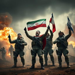 In a dynamic and intense scene from the 'Apocalypse War', powerful Iranian soldiers are depicted standing triumphantly on a battlefield, celebrating a significant victory against their Israeli adversaries