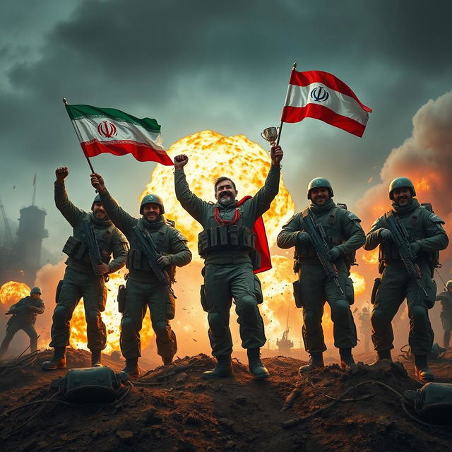 In a dynamic and intense scene from the 'Apocalypse War', powerful Iranian soldiers are depicted standing triumphantly on a battlefield, celebrating a significant victory against their Israeli adversaries