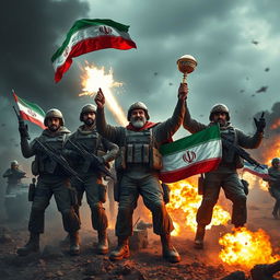 In a dynamic and intense scene from the 'Apocalypse War', powerful Iranian soldiers are depicted standing triumphantly on a battlefield, celebrating a significant victory against their Israeli adversaries
