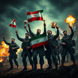 In a dynamic and intense scene from the 'Apocalypse War', powerful Iranian soldiers are depicted standing triumphantly on a battlefield, celebrating a significant victory against their Israeli adversaries