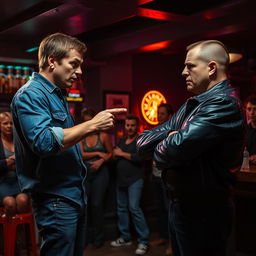 An intense scene in a dimly lit bar showing two men quarreling