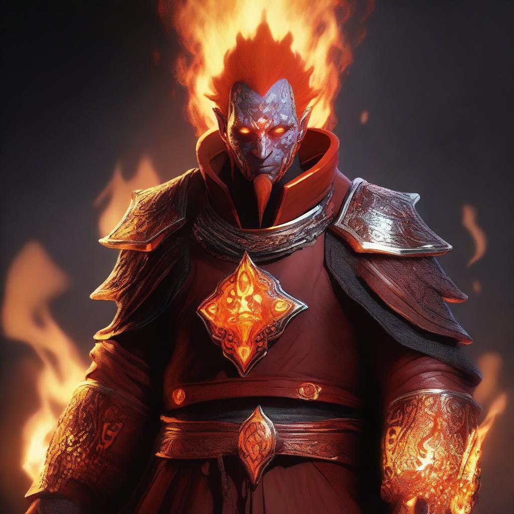 This is a high-quality digital art image of a fire genasi cleric