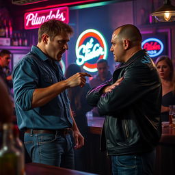 An intense scene in a dimly lit bar showing two men quarreling