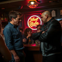 An intense scene in a dimly lit bar showing two men quarreling