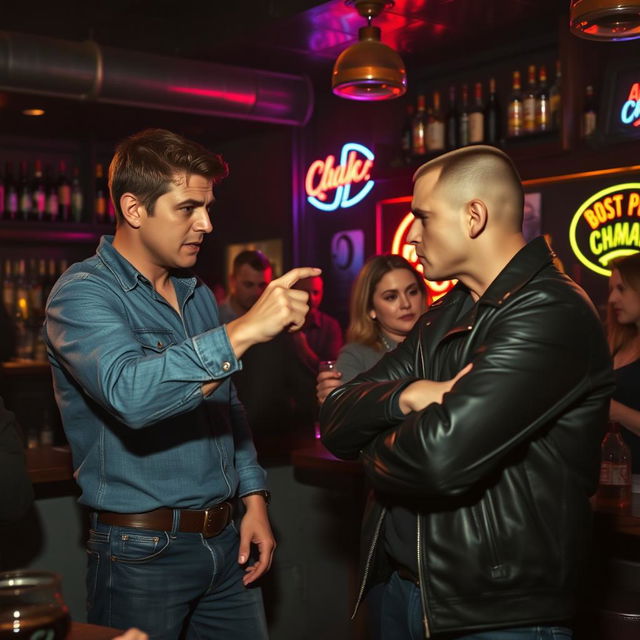 An intense scene in a dimly lit bar showing two men quarreling