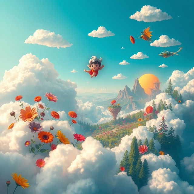 A dreamy representation of Ramu's imagination, where vibrant and surreal elements blend together