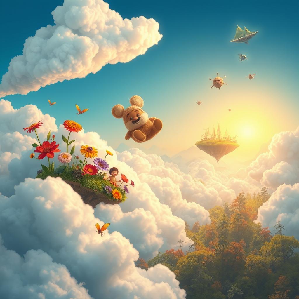 A dreamy representation of Ramu's imagination, where vibrant and surreal elements blend together