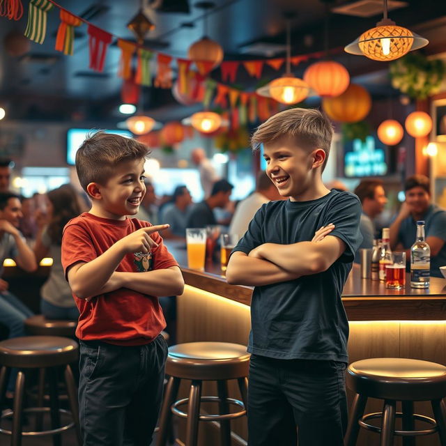 A lively bar scene featuring two young boys engaged in a playful quarrel, surrounded by colorful decorations and a warm atmosphere