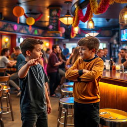 A lively bar scene featuring two young boys engaged in a playful quarrel, surrounded by colorful decorations and a warm atmosphere