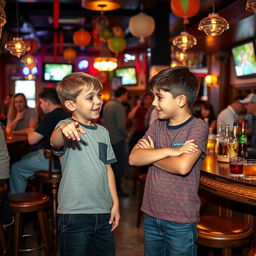 A lively bar scene featuring two young boys engaged in a playful quarrel, surrounded by colorful decorations and a warm atmosphere