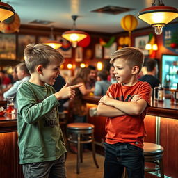A lively bar scene featuring two young boys engaged in a playful quarrel, surrounded by colorful decorations and a warm atmosphere