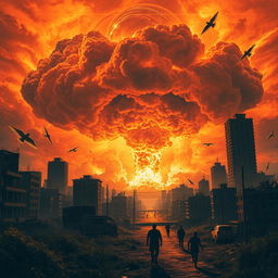 A dramatic scene depicting the end of the world, with a fiery sky filled with intense orange and red hues, swirling clouds, and flashes of lightning