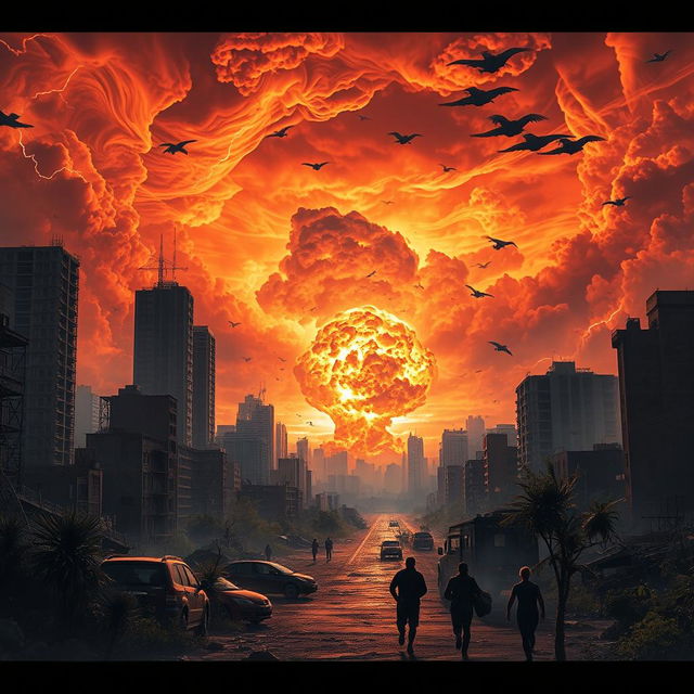 A dramatic scene depicting the end of the world, with a fiery sky filled with intense orange and red hues, swirling clouds, and flashes of lightning