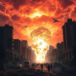 A dramatic scene depicting the end of the world, with a fiery sky filled with intense orange and red hues, swirling clouds, and flashes of lightning
