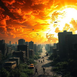 A dramatic scene depicting the end of the world, with a fiery sky filled with intense orange and red hues, swirling clouds, and flashes of lightning