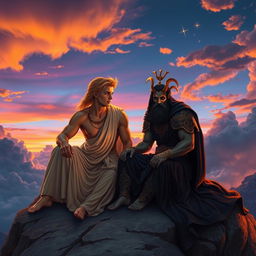 A breathtaking scene depicting the Greek gods Apollo and Hades sitting together on a rocky outcrop, overlooking a stunning twilight sky filled with vibrant hues of orange, purple, and deep blue