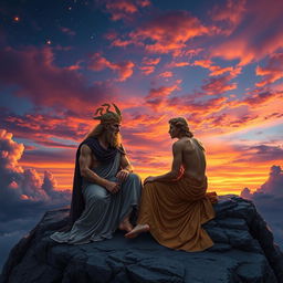 A breathtaking scene depicting the Greek gods Apollo and Hades sitting together on a rocky outcrop, overlooking a stunning twilight sky filled with vibrant hues of orange, purple, and deep blue