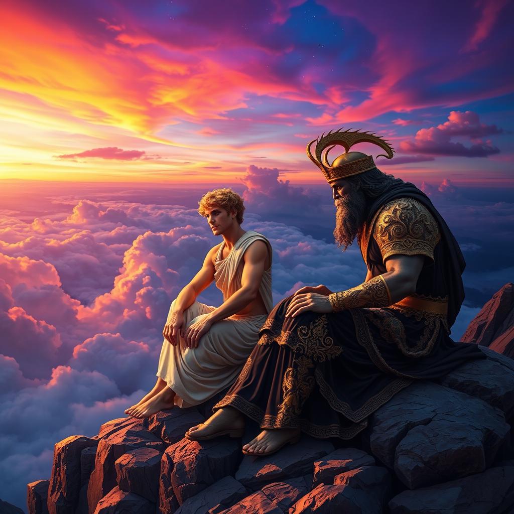 A breathtaking scene depicting the Greek gods Apollo and Hades sitting together on a rocky outcrop, overlooking a stunning twilight sky filled with vibrant hues of orange, purple, and deep blue