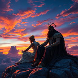 A breathtaking scene depicting the Greek gods Apollo and Hades sitting together on a rocky outcrop, overlooking a stunning twilight sky filled with vibrant hues of orange, purple, and deep blue