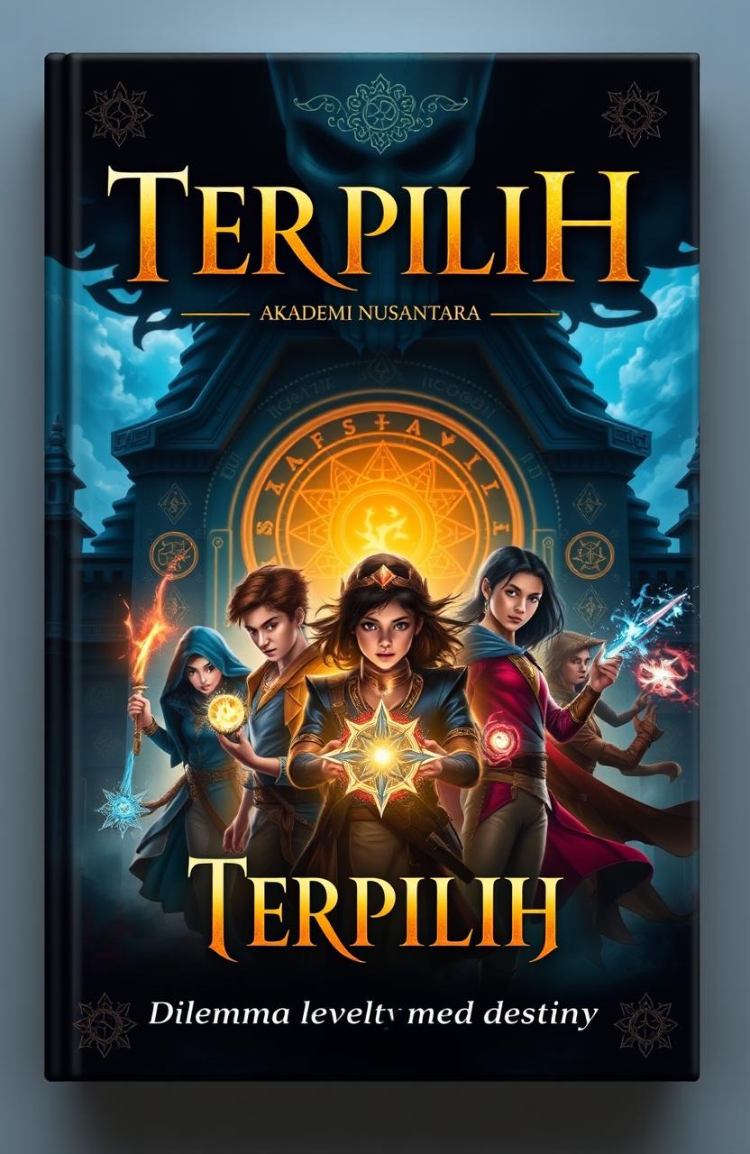 A dramatic book cover for a fantasy novel titled 'Terpilih'