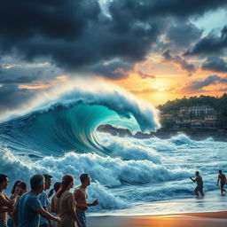 A dramatic and powerful visualization of a tsunami wave crashing towards a coastline, capturing the immense force of nature