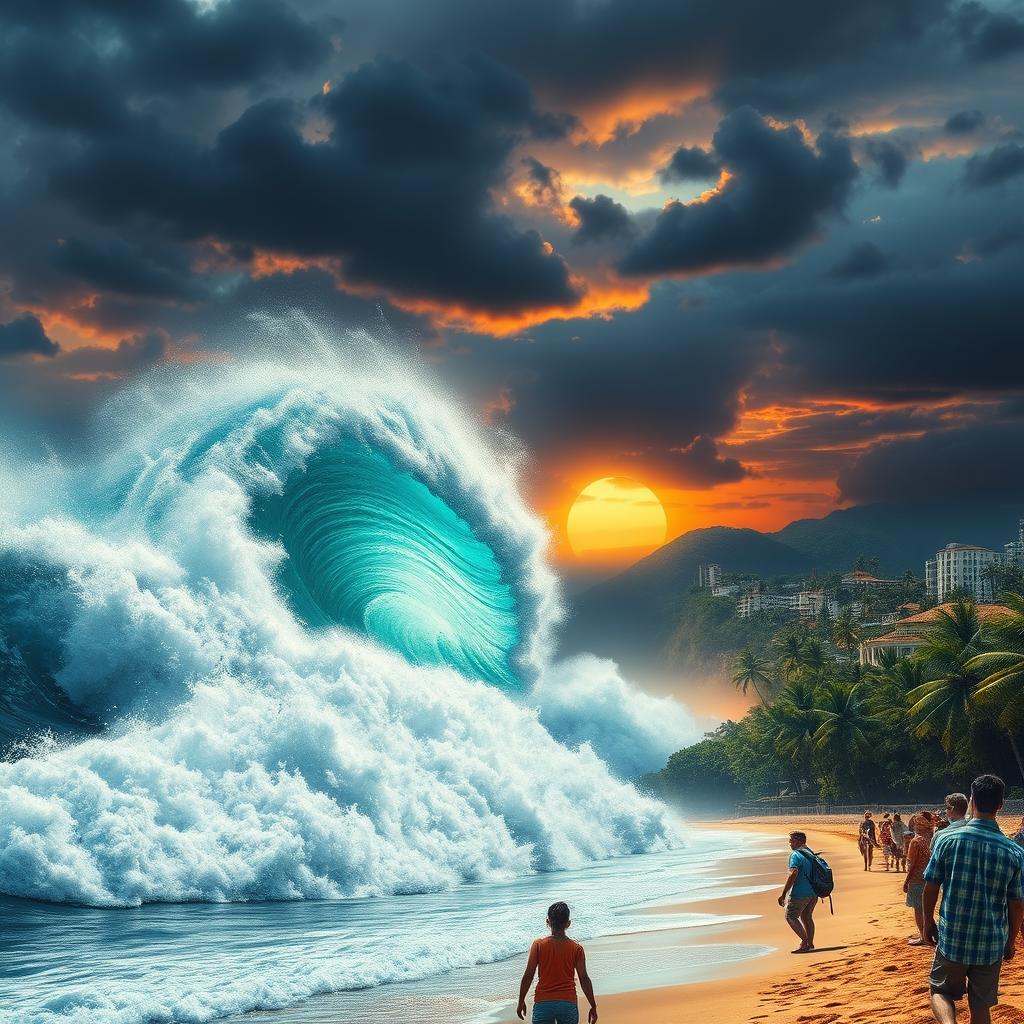 A dramatic and powerful visualization of a tsunami wave crashing towards a coastline, capturing the immense force of nature