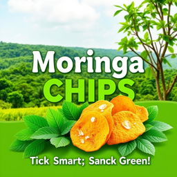 A vibrant and eye-catching poster design featuring 'Moringa Chips' prominently displayed in bold, modern typography