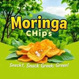 A vibrant and eye-catching poster design featuring 'Moringa Chips' prominently displayed in bold, modern typography