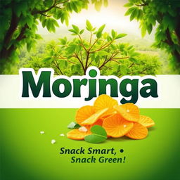 A vibrant and eye-catching poster design featuring 'Moringa Chips' prominently displayed in bold, modern typography