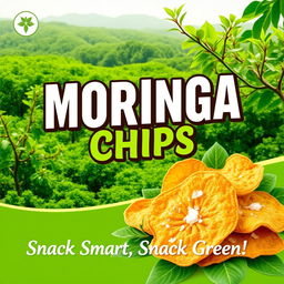 A vibrant and eye-catching poster design featuring 'Moringa Chips' prominently displayed in bold, modern typography