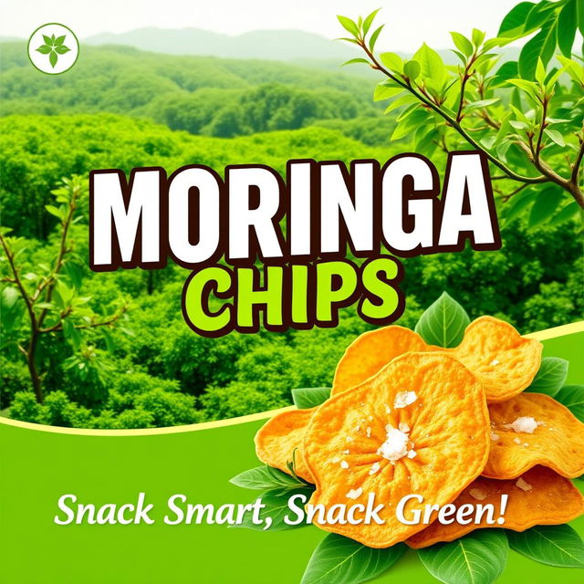 A vibrant and eye-catching poster design featuring 'Moringa Chips' prominently displayed in bold, modern typography