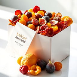 An elegant display of a beautifully arranged box filled with a variety of dried fruits such as apricots, figs, and mangoes