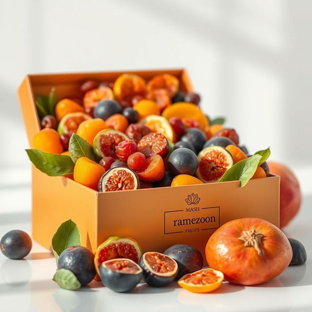 An elegant display of a beautifully arranged box filled with a variety of dried fruits such as apricots, figs, and mangoes