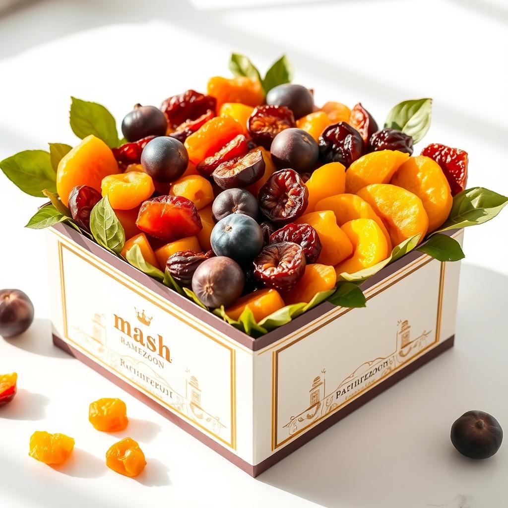 An elegant display of a beautifully arranged box filled with a variety of dried fruits such as apricots, figs, and mangoes