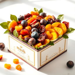 An elegant display of a beautifully arranged box filled with a variety of dried fruits such as apricots, figs, and mangoes